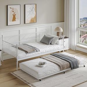 GarveeHome Twin Daybed with Trundle - Metal Day Bed with Pull Out Trundle, Twin Trundle Bed Frame with Premium Steel Slat Support, Multifunctional Platform Beds for Bedroom, Living Room, Guest Room