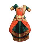 Mudra Dance Costumes Classical Bharatnatyam Readymade 34 Inch Orange and Dark Green Silk Cloth Women and Kids Dress for Fancy Dress, Costume Competitions, School Dance Events, Annual Functions