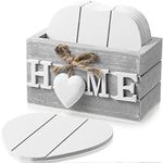 Coasters for Drinks, Wooden Heart Coasters Set of 6 Farmhouse Coasters with Holder Funny Coasters for Coffee Table Protection Housewarming Gifts for New Home Decoration, 4 Inch (Grey,Home)