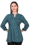 9 Impression Women Green & Navy Geometric Print Mandarin Collar Pintuck Tunic (Green; S)