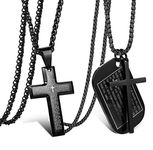 Thunaraz 2Pcs Stainless Steel Black Dog Tag Cross Necklace Pendant Necklace for Men Lord's Prayer Necklace Military Tag with Rolo Chain Wheat Chain