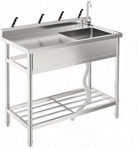 Stainless Steel Utility Sink with Faucet & Workbench, Commercial Freestanding Single Bowl Sink with Hot & Cold Water Pipes, Storage Shelf for Restaurant, Kitchen, Garage, Laundry, Outdoor (39in)