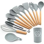 FXY Silicone Kitchen Utensils Set,13 Pcs Wooden Handles Spatula Set,Cooking Utensils for Non Stick Pans,Silicone Spatulas for Cooking Kitchen Gadgets Tools (Grey)
