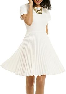 WOOSEA Women's Elegant Pleated Short Sleeves Cocktail Party Swing Dress (Small, White)