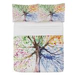 Ambesonne Tree Microfiber Bedspread Set, Watercolor Nature Colorful Blooming Branches 4 Seasons Themed Illustration Print, Soft Bedding Set with Pillow Shams & Comforter, King Size, Blue Multicolor