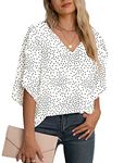 Jouica Womens 3/4 Sleeve Blouses and Tops Swiss dot Tops for Women,White Dot,Small