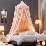 Kertnic Bed Canopy for Girls, Ruffled Soft Pink Princess Canopy Dreamy Bow Decor, Bed Canopies for Kids Room, Hanging Canopy Bedding Drapes Toddler Reading Nook Play Tent (Pink)