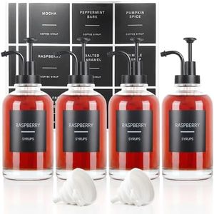 4PCS Coffee Syrup Dispenser, Glass Syrup Dispenser for Coffee Bar w. Labels and Pump, 16.9 oz 500ml Syrup Pump Dispenser, Coffee Bar Accessories Simple Syrup Bottle w. Pump, Ideal Gift