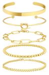 Dainty Gold Bangle Bracelets for Women Fashion 14K Real Gold Plated Cuban Link Chain Bracelets Stack Adjustable Gold Beaded Bracelet Set 5Pcs