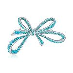 Winter Wedding Holiday Blue Glittering Crystal Bridal Fashion Large Statement Ribbon Bow Scarf Brooch Pin For Women Silver Plated