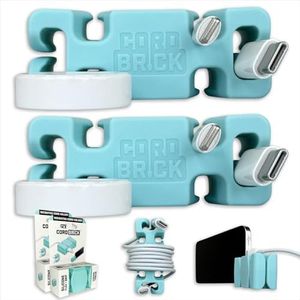 CordBrick 2pk Weighted Cord Holder for Nightstand - Phone Charger Cable Management for Travel, Phone Accessory, Stocking Stuffers for Adults - Multipurpose Gift for Home, Office, Silicone, Aqua