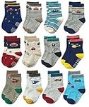 RATIVE Anti Skid Non Slip Slipper Cotton Crew Dress Socks With Grips For Baby Walker Toddlers Kids Boys 2T 3T (1-3T, 12-pairs/RB-71112)