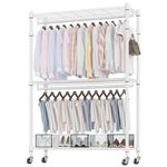 Double Rod Garment Rack/Clothes Rail with Height-Adjustable Shelves, Heavy Duty Clothes Rack with 2 Hooks, Clothes Rails with Wheels, 90 * 42 * 205cm, White