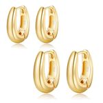 BMMYE 2 Pairs Chunky Gold Hoops Small Huggie Earrings for Women, Thick Oval Chunky Gold Hoop Earrings Hypoallergenic Earrings