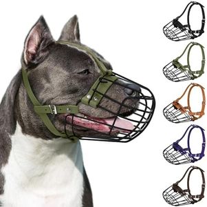 Pitbull Dog Muzzle Breathable Metal Basket for Large Dogs Amstaff Staffordshire Terrier Secure Wire Mask Adjustable Durable Leather Straps Biting Chewing Barking (Olive)