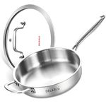 DELARLO Tri-Ply Stainless Steel 10 Inch Frying Pan 3 Quart Saute Pan, Skillets Induction Compatible Chef Cooking Pan, Sauté Pan with lid, Dishwasher & Oven Safe, Silver