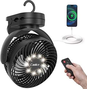 Camping Fan with Remote Control - 65Hrs 12000mAh Rechargeable Fan, 3 Speeds & Timing Battery Powered Fan with Light & Hook, Camp Fan for Tent, Battery Operated Fan for Camping, Black