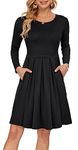 AUSELILY Women's Long Sleeve Pleated Loose Swing Casual Dress with Pockets Knee Length(Black,2XL)