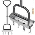 Dolibest Lawn Core Aerator, Hollow Tine Grass Aerating Tool Manual Garden Soil Plugger 4 Prong Long Triangle Handle Coring Aeration Spike Soft Grip with Core Storage Tray & Clay Release Tool