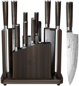 SYOKAMI 15-Piece Kitchen Knife Set with Magnetic Block, Detachable Steak Knife Block for Table Service, Built-In Sharpener, Japanese Inspired, Wood Handle, Damascus Pattern, Housewarming Gifts