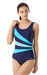 LULUWINGX Women One Piece Swimwear Three Contrast Front Panel Bathing Suit Low U Back Swimsuit Navy(Large)