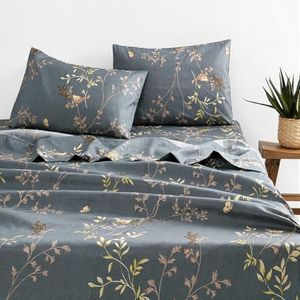 Wake In Cloud - Floral Bed Sheets Set, Soft Microfiber Botanical Flowers Pattern Printed Bedding, Extra Deep Fitted Sheet & Flat Sheet & 2 Pillowcases, 4pcs, Birds Grey, King Size