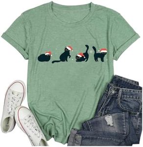 Christmas Cat Shirt Women Cat Lover Tshirt Gift Merry Christmas Tees Casual Short Sleeve Xmas Holiday Shirts Tops, Green, Medium