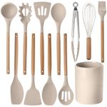 12 Pcs Kitchen Utensil Set, Silicone Cooking Utensils Set with Wooden Handle, Heat Resistant, Nonstick Cookware Tongs Spatula Spoon Set with Storage Bucket for Home, Camping, Dishwasher Safe (Khaki)