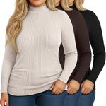 Riyiper 3 Pack Women's Ribbed Plus Size Mock Turtleneck Tops, Long Sleeve Slim Fit T-Shirts Pullover Sweater Basic Layer Top(Black, Cream, Brown,3X-Large)