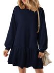 BLENCOT Mini Dress for Women 2024 Fall Winter Cute Patchwork Long Sleeve Ruffled Crewneck Sweatshirt Dresses Casual Sport Pullover Tops Navy Blue Small