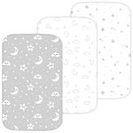 TansyPanda Bassinet Sheets for Cloud Baby, Yacul, Dream On Me Traveler, Skylar, BabyBond, Simmons, 3 PC, 33x20 in, Ultra Soft, Breathable Snug Fit, Unisex Boys Girls, Gray White (Moon, Stars, Clouds)