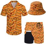 Wdpsuxin Mens 2 Piece Tracksuit Hawaiian Button Down Shirt and Compression Liner Shorts Sets with Bucket Hats, Hot Dog, Large