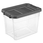 Sterilite 30 Quart Plastic Stacker Box, Lidded Storage Bin Container for Home and Garage Organizing, Shoes, Tools, Clear Base & Gray Lid, 1-Pack