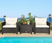 OMCCO Outdoor 3 Piece Rattan Wicke Patio Chairs Set with Waterproof Cushions & Glass Top Coffee Table for Balcony, Lawn, Garden, Polside (Off White)