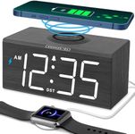 DreamSky Wooden Digital Alarm Clock with Wireless Charging for Bedroom, Bedside Nightstand Clock with Charger Station, USB Port, Large Numbers, Adjustable Volume, Brightness Dimmer, DST