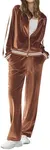 Ekouaer Women's Velvet Velor Tracksuits 2 Piece Lounge Outfits Zip Up Sweatshirt and Sweatpants with Pockets S-3XL(Light Brown,Medium)