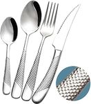 Xideman 16-Piece ​Modern Hammered Cutlery Set with Ultra Sharp 2-in-1 Serrated Knive, 18/10 Stainless Steel Silverware Set, Titanium ​Plated Flatware Set Service for 4, Knives Forks Spoons Set