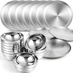 Sunnyray 10 Sets Stainless Steel Plates and Bowls Metal Camping Plates Reusable 13oz Steel Snack Bowls Feeding Serving Dinner Dishes Double Walled Insulated Metal Bowls for Kids (304 Stainless Steel)