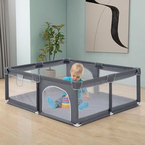 Playpals Baby Playpen, 150x180CM Play Pen for Babies & Toddlers, Large Baby Play Yards with Soft Breathable Mesh, Baby Activity Play Fence Indoor Outdoor, Durable Zippered Door, Grey