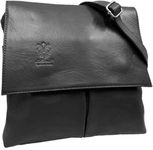 LeahWard Womens Double Pocket Messenger Bag, Genuine Italian Soft Leather Cross Body Shoulder Bag Handbag (Black)