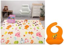 LuvLap Jungle Time Double Sided Water Proof Baby Play Mat, Extra Large Size, 6'5" x 4'10", 0.3" (0.8cm) Thick,Multicolor & Silicone Baby Bib for Feeding & Weaning Babies & Toddlers, (Orange) Pack of 2