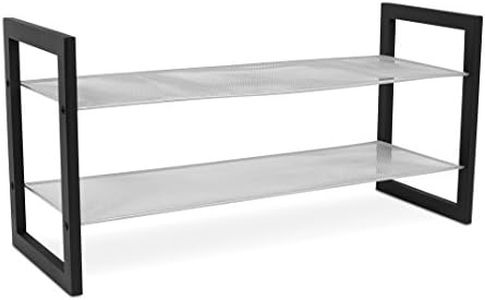 Internet's Best Mesh Shoe Rack - 2 Tier - Free Standing Metal Wood Shoe Organizer - Closet and Entryway - Fits 8 Pairs of Shoes - Black & Silver