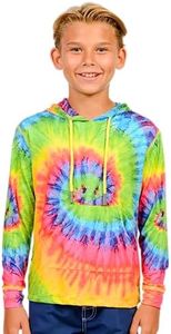 INGEAR Boys UPF 50+ Sun Protection UV Hoodie T-Shirt Long Sleeve with Pockets SPF Shirt Boys Sun Shirt with Hood, Bright Tiedye