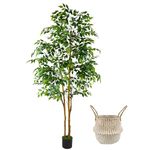 Warmplants Artificial Ficus Tree, 7ft Silk Fake Ficus Leaves Plant with Basket, Indoor Outdoor Faux Green Tree for Home Garden Office House Livingroom Décor