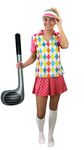 LADIES GOLF COSTUME FANCY DRESS PINK TOP WITH ARGYLL STYLE PATTERN + PINK SKIRT + PINK VISOR PUB GOLF GOLFER HEN NIGHT + INFLATABLE GOLF CLUB (MEDIUM)