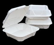 HOT BARGAINS 100 X 9 Inch Bagasse Meal Box Clamshell Takeaway Container Clean White Size (230x230x50mm/9x9'') Large For Hot And Cold Food