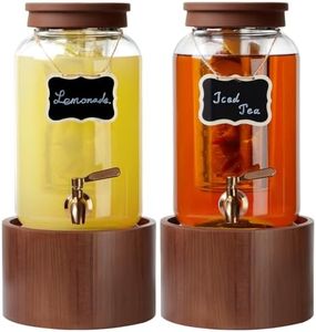 2 PCS 1 Gallon Glass Drink Dispenser for Parties, Beverage Dispenser with Wooden Stand, Silicone Lid and Stainless Steel Spigot, Ideal for Lemonade, Juice, Sun Tea, and Party Drinks