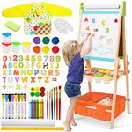 Kids Easel Including 100+ Accessories, Double Sided Wooden Easel for Kids Age 3-8 with Magnetic Chalkboard & Painting Board Height Adjustable Art Easel Supplies for Toddlers