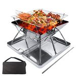 ZHZIRO BBQ Fire Pit Portable Campfire Pit Collapsible Stainless Steel Grill for Camping Picnic Patio Backyard and Garden with Fire Tube Carrying Bag（with Iron Carry Box）