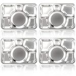 Hacaroa 4 Pack Stainless Steel Divided Dinner Plates, 38x27cm Snack Serving Plate with 6 Compartment, Metal Food Trays for Kids, Adults, Diet Food Portion Control, Picky Eaters